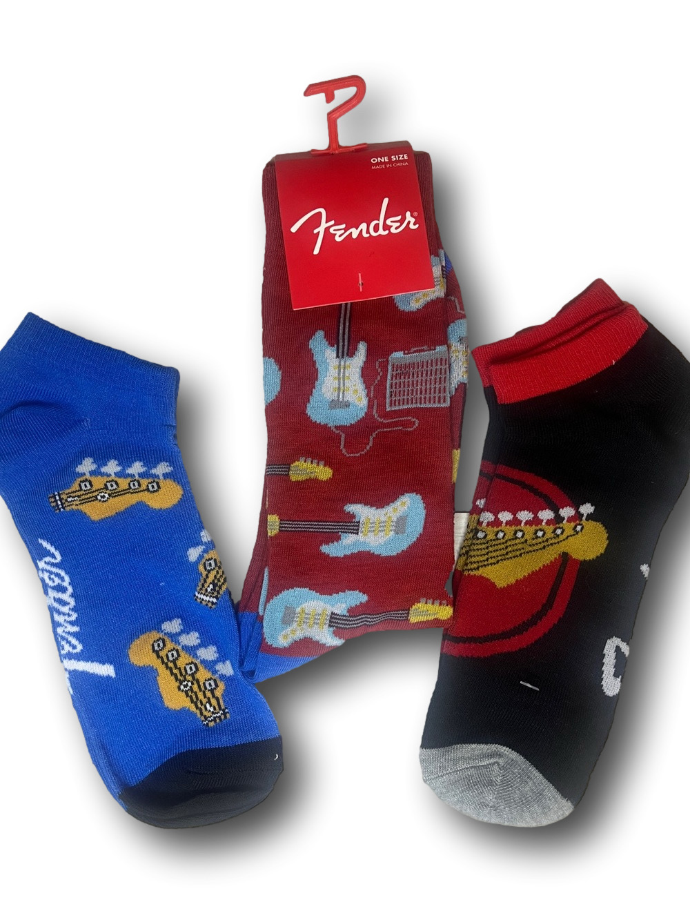 3 pr Fender Men's Guitar Pattern Ankle & Crew Socks - Red, Blue, Black